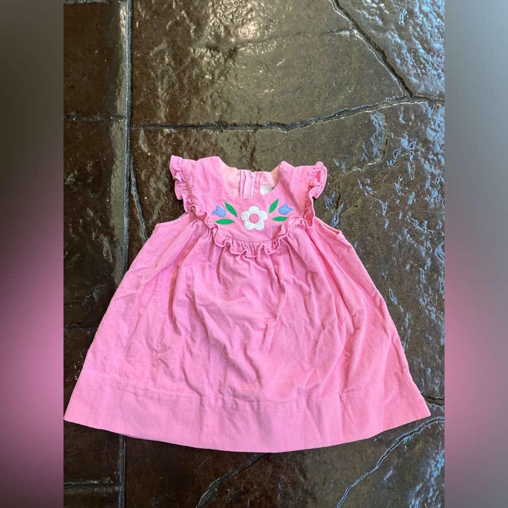 Vintage Baby Girl Pink Corduroy Dress with Flower Applique